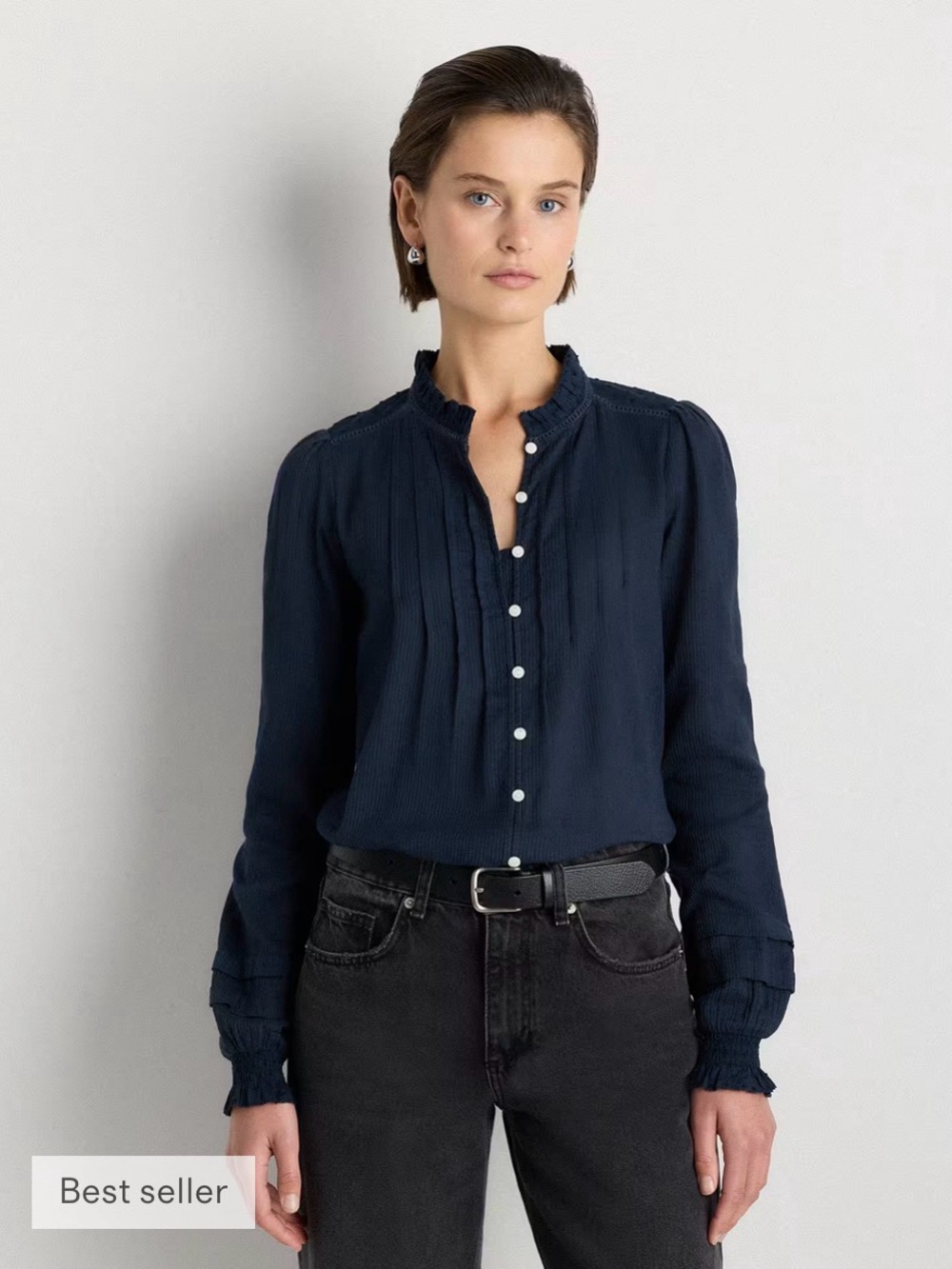 QUINCE Organic Textured Cotton Peasant Blouse long sleeve ruffle collar navy blu